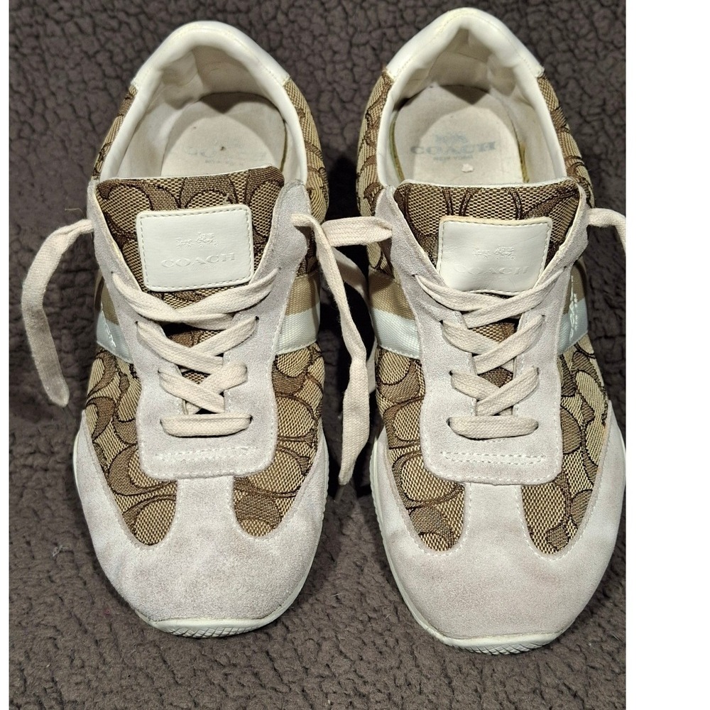 Coach Kelson Signature Monogram Suede Sneakers Khaki Cream Q7839 Size 9B